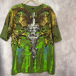 Vintage Y2K RB All Over Wrap Around Graphic‎ Sword Tee Mens Medium Green Gold